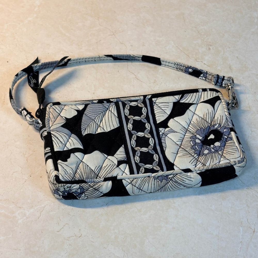 Vera Bradley Night and Day Floral Quilted Cotton Wristlet Clutch Black White